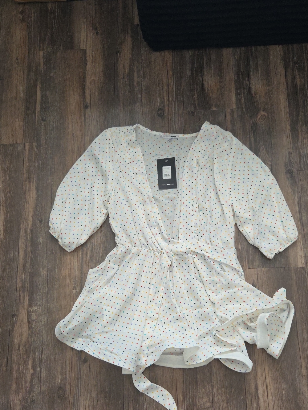 Fashion Nova White Wrap Romper with Multicolor Polka Dots